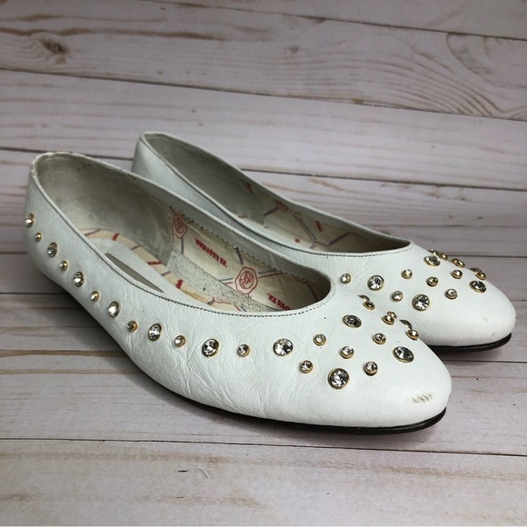 El Vaquero Shoes - El Vaquero Vintage Rhinestone Studded Leather White Flats/Low Heels  Sz 38